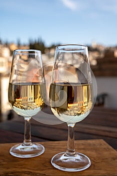 Tasting of sweet and dry fortified Vino de Jerez sherry wine with view on roofs and houses of old andalusian town photo