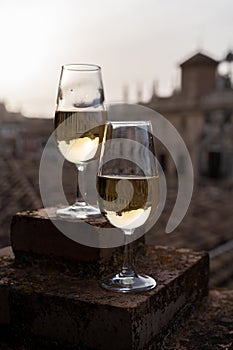 Tasting of sweet and dry fortified Vino de Jerez sherry wine with view on roofs and houses of old andalusian town photo