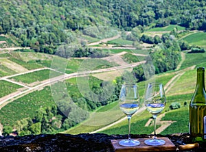 Tasting of white or jaune Jura wine on vineyards near Chateau-Chalon village in Jura region, France