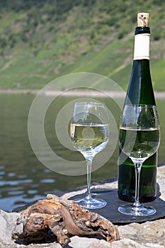 Tasting of white quality riesling wine with view on steep slopes of vineyards overlooking Mosel river in sunny day