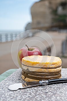 Tasting of yellow livarot cow cheese from Calvados region served with apple and view on alebaster cliffs Porte d`Aval in Etretat,