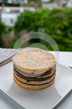 Tasting of yellow livarot cow cheese from Calvados region and view on old houses of Etretat, Normandy, France