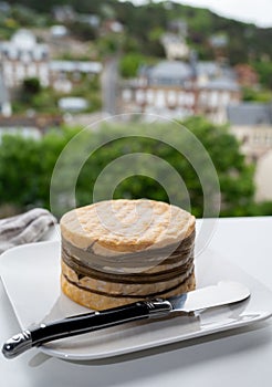 Tasting of yellow livarot cow cheese from Calvados region and view on old houses of Etretat, Normandy, France