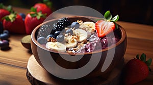 Tasty acai bowl with banana blueberries granola. Healthy diet. Fruit breakfast.