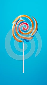 Tasty appetising party accessory sweet swirl candy lollypop on blue background top view. Generative AI