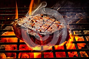 Tasty appetitive Beef steak cooking over flaming grill. Gourmet food. Delicious food. Generative AI