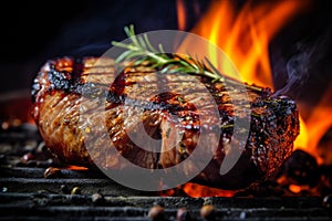 Tasty appetitive Beef steak with rosemary sizzling over flaming grill. Gourmet food. Delicious food photo