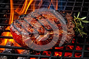 Tasty appetitive steak with rosemary sizzling over flaming grill. Gourmet food. Delicious food