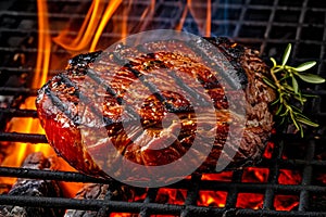 Tasty appetitive steak with rosemary sizzling over flaming grill. Gourmet food. Delicious food photo