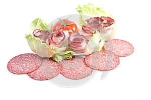 Tasty appetizer of meat,salad and tomato