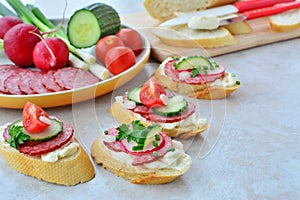 Tasty appetizers with cream cheese, salami and vegetables