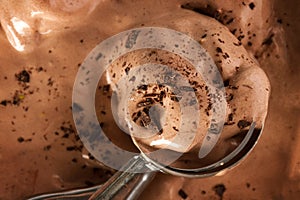 Tasty appetizing chocolate creamy ice cream with chocolate chunk