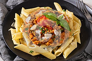 Tasty appetizing classic italian penne pasta with vegetarian lentil bolognese sauce, cheese parmesan and basil on plate on light