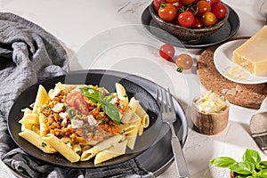 Tasty appetizing classic italian penne pasta with vegetarian lentil bolognese sauce, cheese parmesan and basil on plate on light