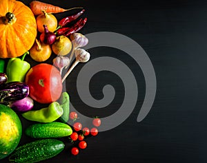 Tasty appetizing fresh autumn seasonal vegetables on dark wooden background top view with copy space. Healthy food, vegetarianism