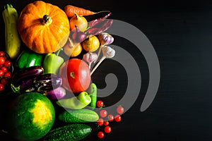 Tasty appetizing fresh autumn seasonal vegetables on dark wooden background top view with copy space. Healthy food, vegetarianism