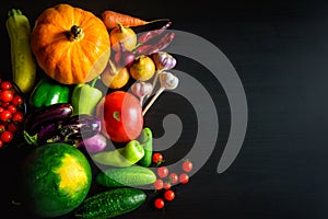 Tasty appetizing fresh autumn seasonal vegetables on dark wooden background top view with copy space. Healthy food, vegetarianism