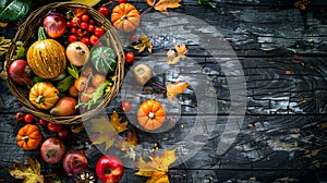 Tasty appetizing fresh autumn seasonal vegetables and fruits in a basket on a wooden old background. Top view with space above