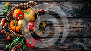 Tasty appetizing fresh autumn seasonal vegetables and fruits in a basket on a wooden old background. Top view with space above