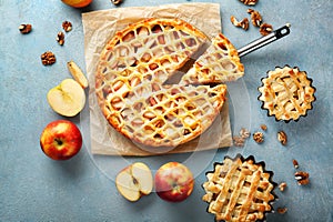 Tasty apple pies on color background