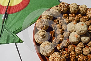 Tasty Assorted sankranti sweets. Til laddu, peanut, amaranth, sesame, puffed rice ladoos Indian sweet balls for uttarayan,pongal, photo