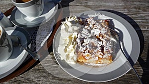 tasty Austrian apple pie called Apfelstrudel with whipping cream at alpine beer garden in the Austrian Alps