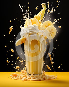 Tasty banana milkshake topped with cream, with splashes