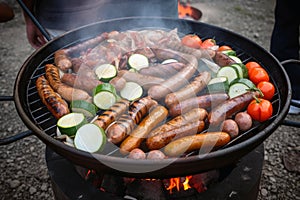 A tasty barbecue with sausages and vegetables created with generative AI technology
