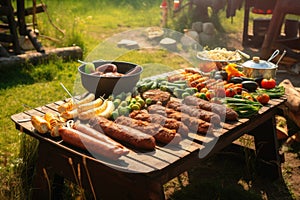 A tasty barbecue with sausages and vegetables created with generative AI technology