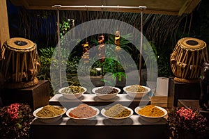 Tasty barbecue with species during the international cuisine dinner outdoors setup at the island restaurant