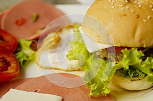 Tasty beakfast with Homemade Pork Burger for food and drinks backgrounds