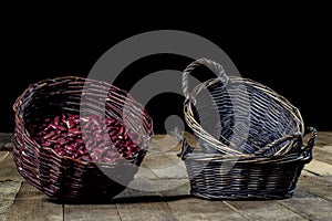 Tasty beans in a basket on a kitchen table. Autumn season. Wooden table. photo