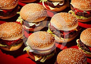 Tasty beef burgers cheeseburgers with vegetables and sauce on red background.Macro.AI Generative