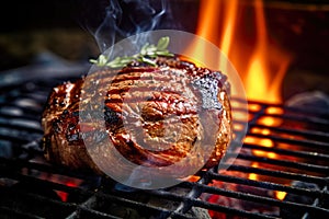 Tasty Beef steak cooking over flaming grill. Gourmet food. Delicious food. Generative AI.