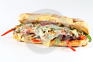 Tasty beef steak sandwich with onions, mushroom and melted provolone cheese