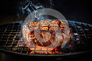 Tasty Beef steak sizzling over flaming grill. Gourmet food. Delicious food. Generative AI.