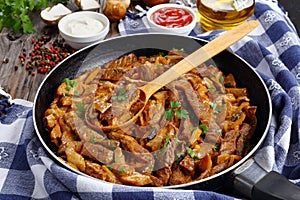 Tasty beef stroganoff with ceps on skillet