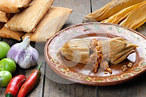 Tasty beef tamale on an artisan plate made