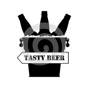 `Tasty beer` arrow with inscription on metal beer bucket full of ice with beer bottles. Black silhouette. Isolated vector.