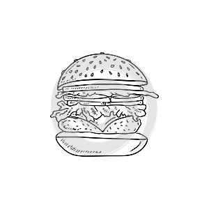 Tasty big burger with sesame bun with cheese, salad, pork or beef chop cutlet with onion, tomato in black isolated on white