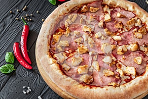 Tasty and big pizza with different types of meat