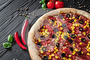 Tasty and big pizza with different types of meat. Pizza with sausage, ham, corn and olives