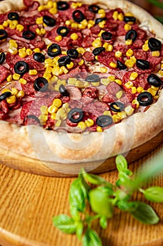 Tasty and big pizza with different types of meat. Pizza with sausage, ham, corn and olives