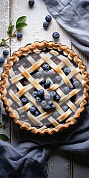 Tasty blueberry pie on rustic background, AI Generated