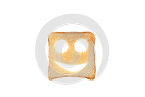Tasty bread toast with happy face isolated on white
