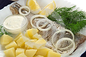 Tasty breakfast from herring with onions and lemon