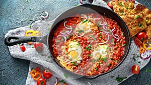 Tasty Breakfast Shakshuka in a Iron Pan. Fried eggs with tomatoes, red, yellow peppers, onion, parsley, Pita bread and