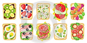 Tasty breakfast toasts. Fried bread with eggs, avocado, cheese, fish and fruits, healthy delicious sandwich, toasted