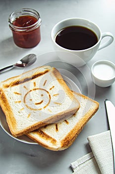 Tasty breakfast, toasts with jam and coffee, a good start to the day, fun breakfast