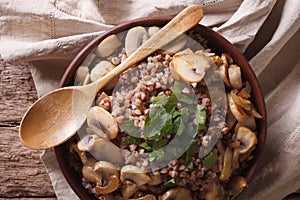 Tasty buckwheat with fried mushrooms close-up. horizontal top vi